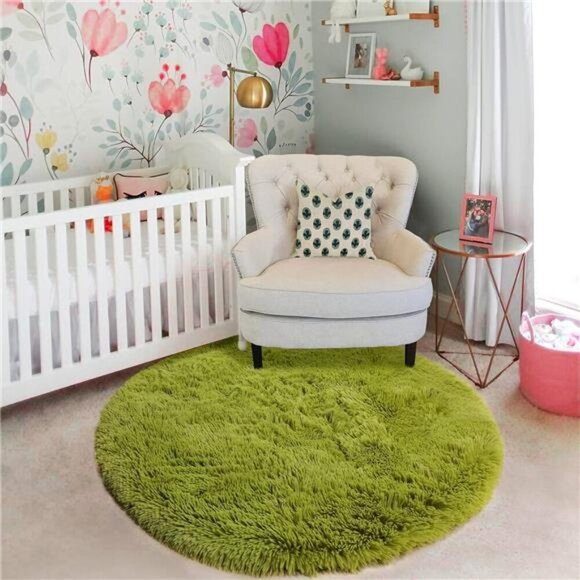 Grass Green Round Rug for Bedroom,Fluffy Circle Rug 4'X4' for Kids Room,Furry - Picture 5 of 7